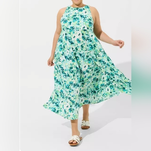 Torrid Maxi Washable Gauze Halter Tiered Dress, Watercolor Floral, High-Neck - Picture 1 of 12